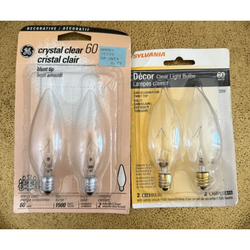 4 GE & Sylvania 60 Watt Candelabra Base Bulbs Crystal Clear (2) 2 Packs NEW!